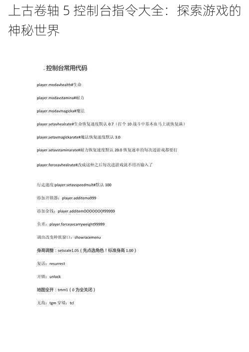 上古卷轴 5 控制台指令大全:探索游戏的神秘世界